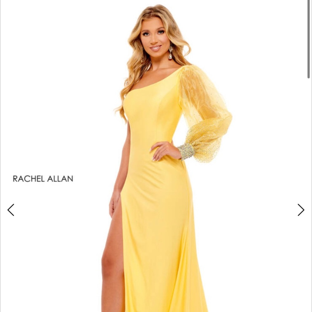 Rachel Allan Yellow One Shoulder Sheer Sleeve Gown